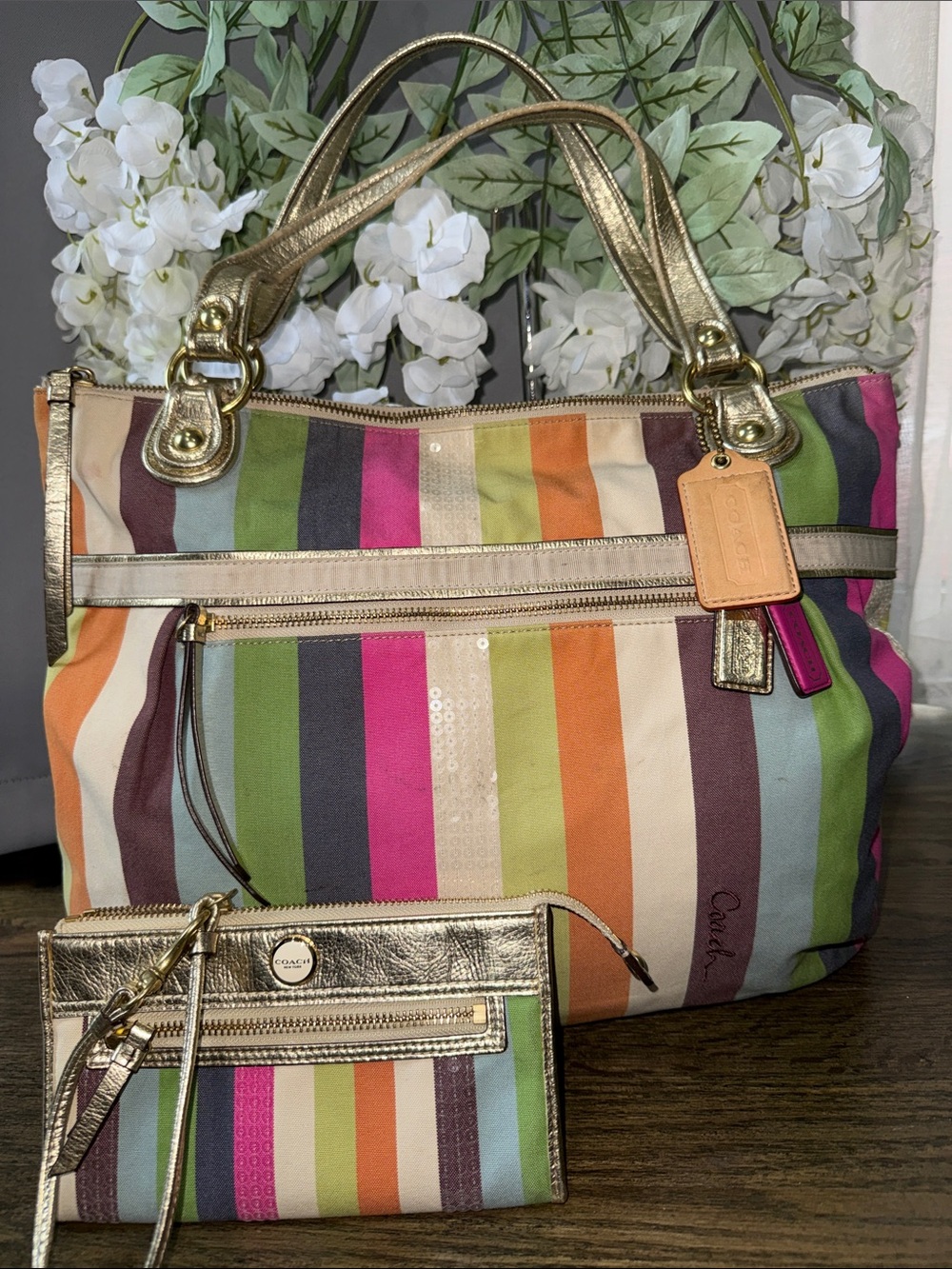 Coach poppy set Multicolor Stripe Tote with Gold Accents